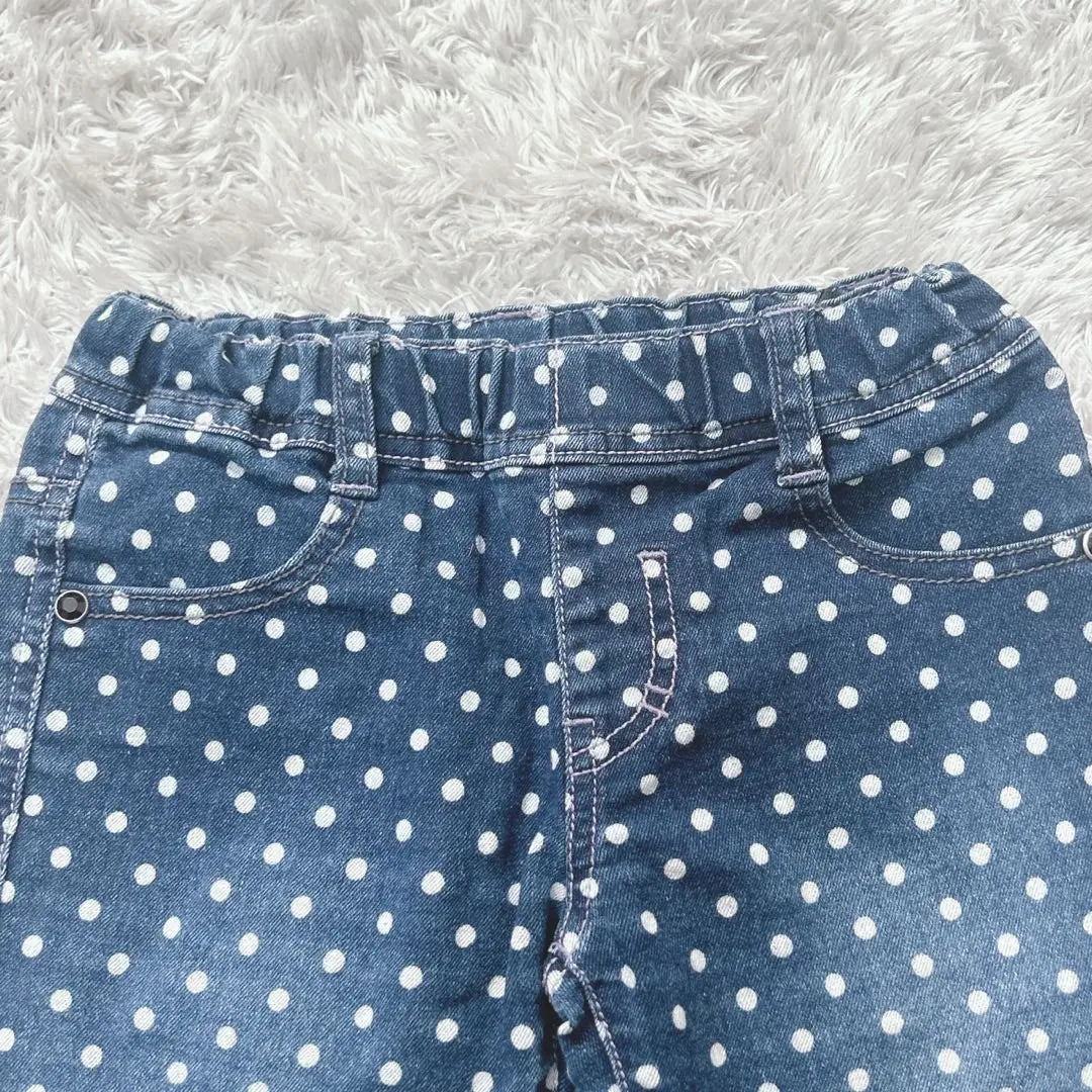 Kids Denim Dot Pattern Pants, 3/4 Length Trousers, Lace Hem (120)