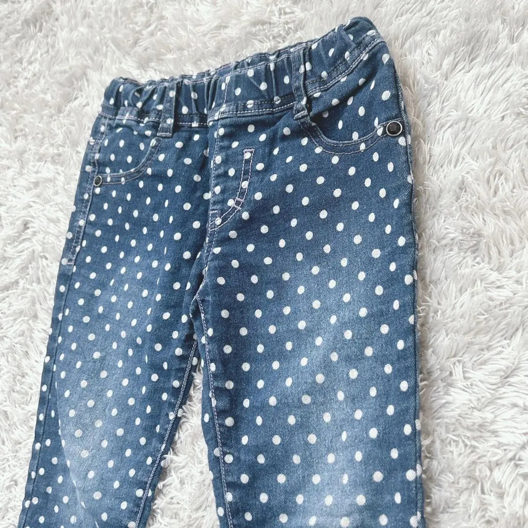 Kids Denim Dot Pattern Pants, 3/4 Length Trousers, Lace Hem (120)