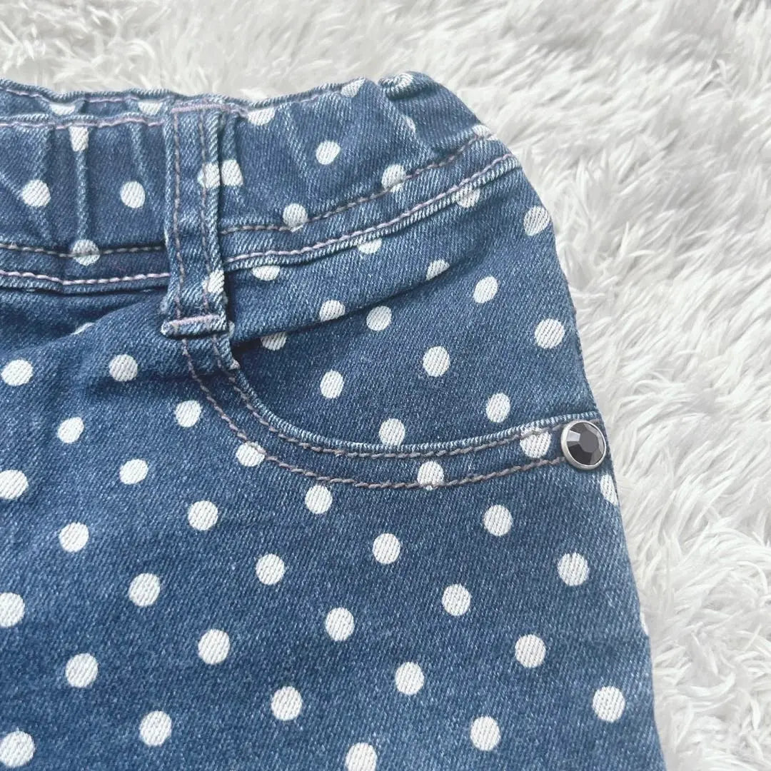 Kids Denim Dot Pattern Pants, 3/4 Length Trousers, Lace Hem (120)