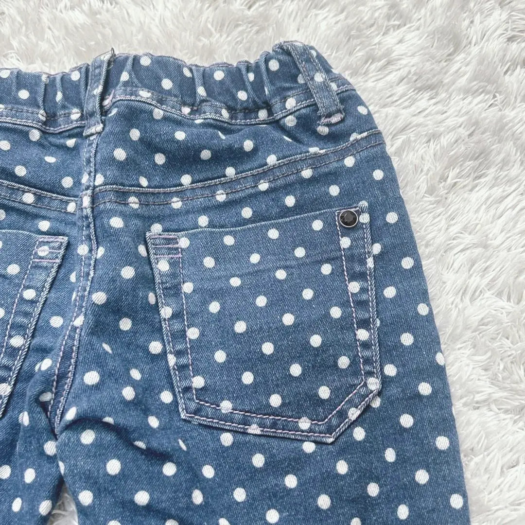 Kids Denim Dot Pattern Pants, 3/4 Length Trousers, Lace Hem (120)