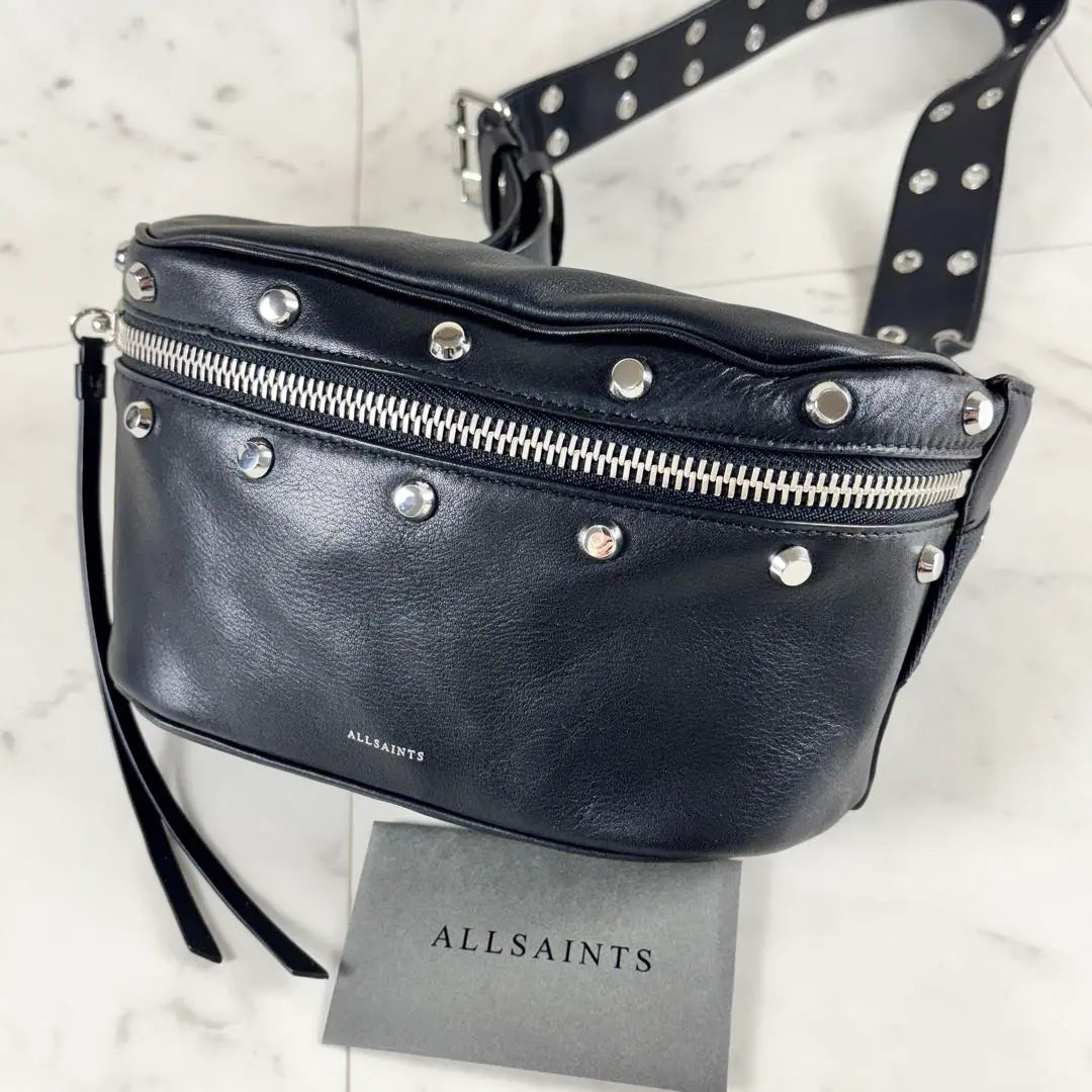 All Saints Studded Leather Shoulder Bag Waist Body Bag Black