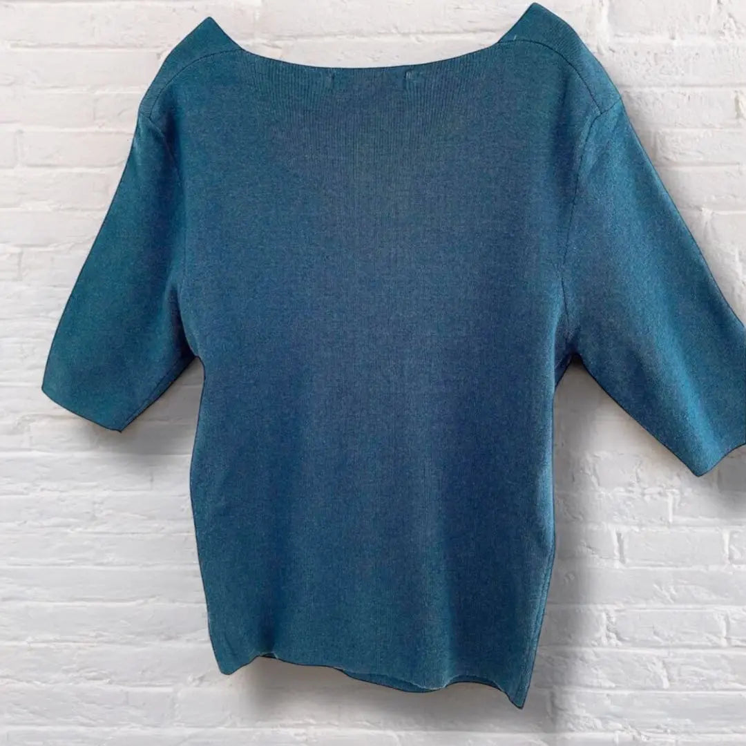 [Rusuku] V-neck knit, 5/4 sleeves, high-looking, green, simple, L size