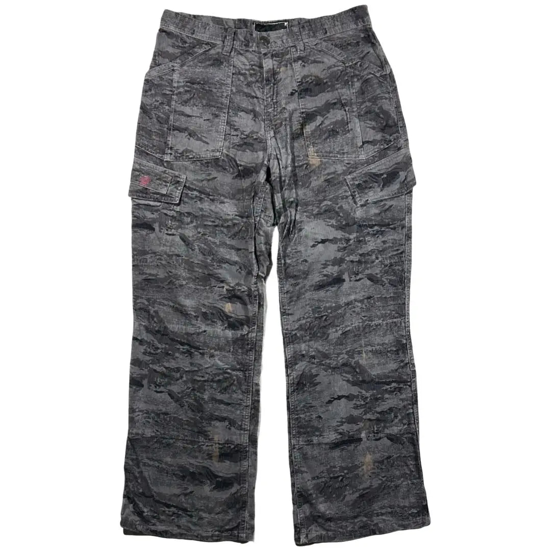 ◎ Pantalones cargo anchos de pana con camuflaje de los años 00 en color negro