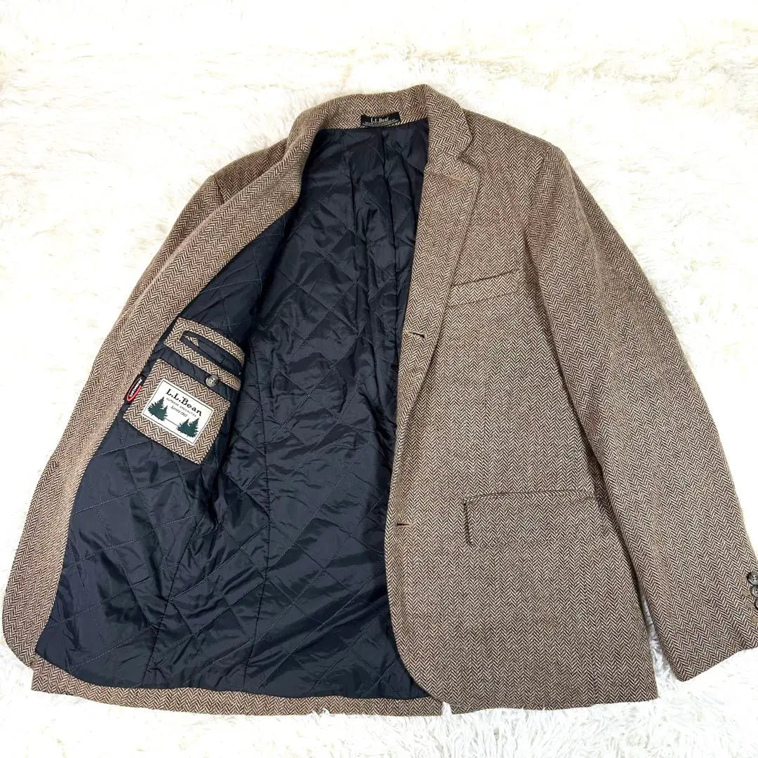 LL Bean Tailored Jacket Herringbone Brown Quilted Brown