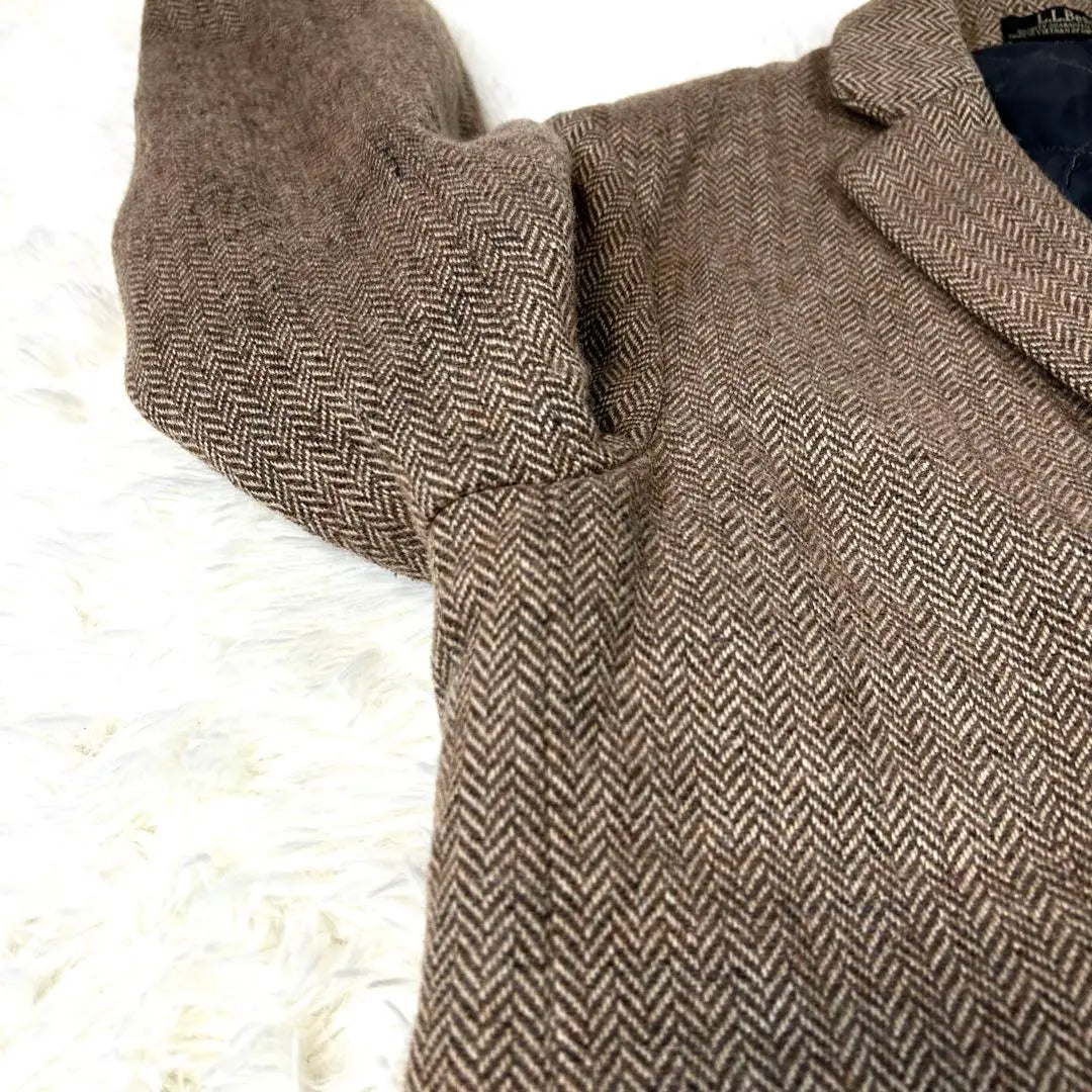 LL Bean Tailored Jacket Herringbone Brown Quilted Brown