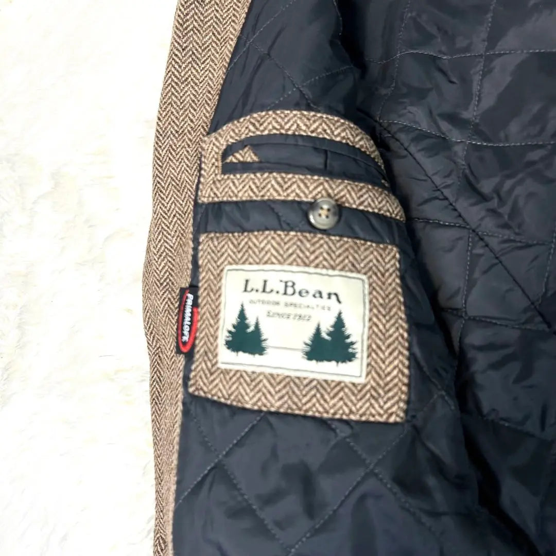 LL Bean Tailored Jacket Herringbone Brown Quilted Brown