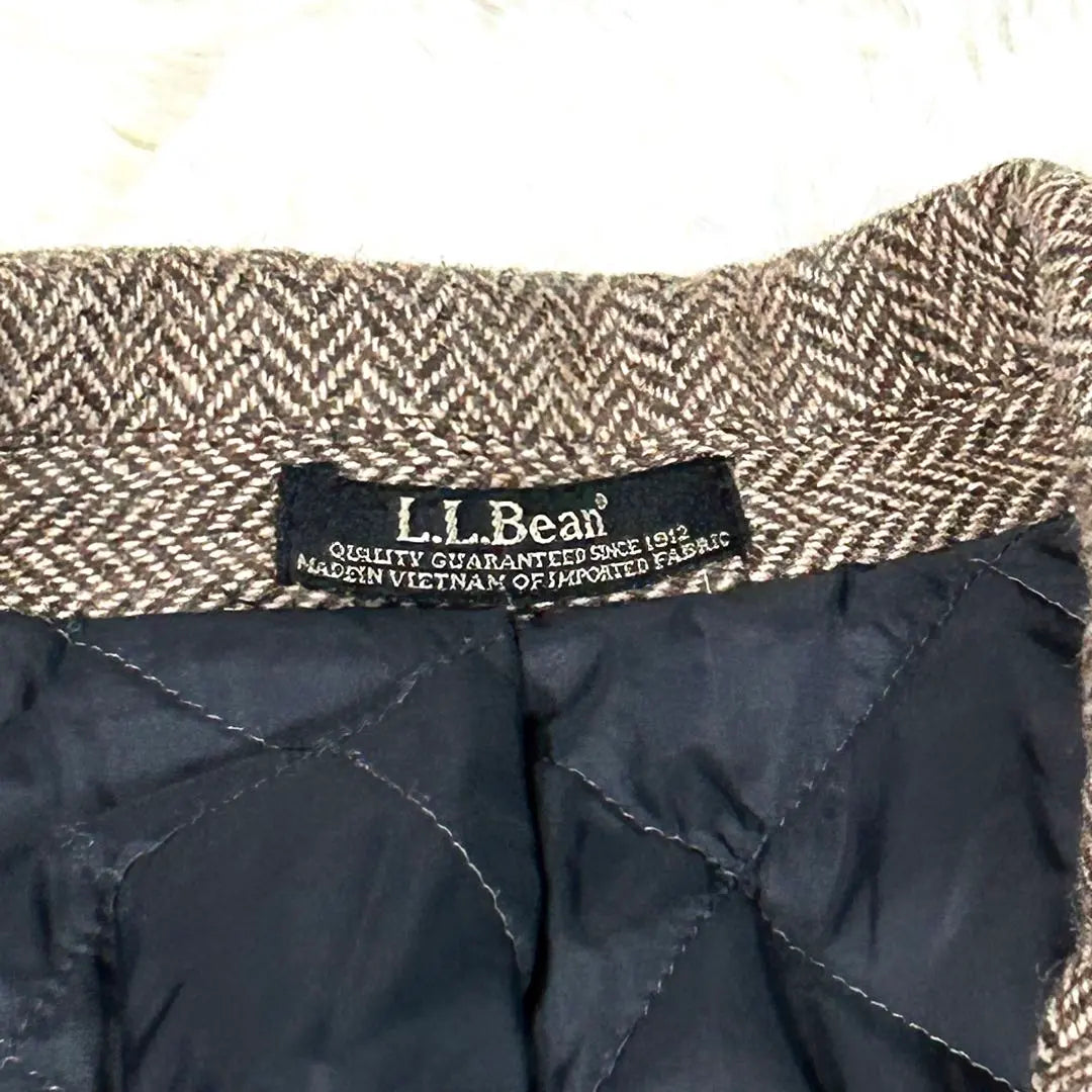 LL Bean Tailored Jacket Herringbone Brown Quilted Brown