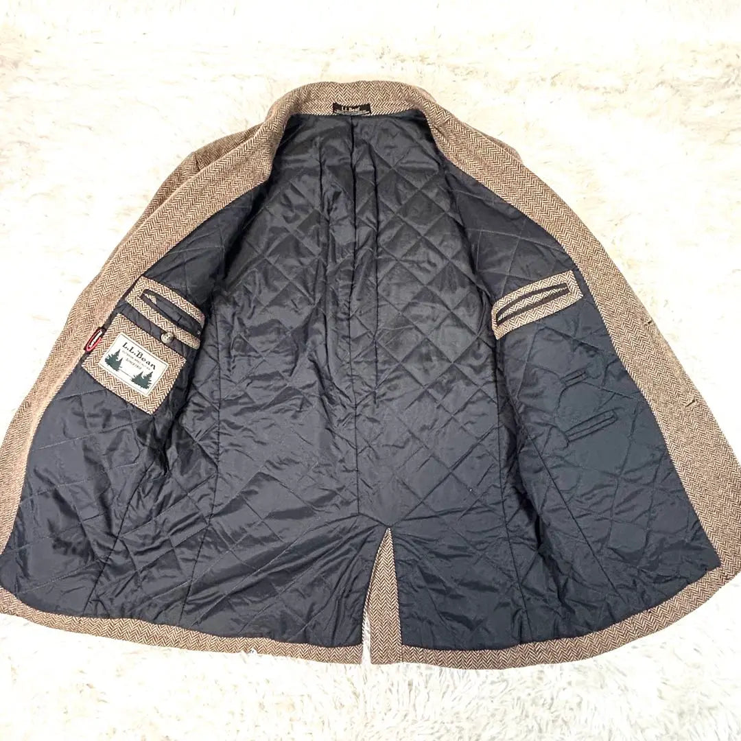 LL Bean Tailored Jacket Herringbone Brown Quilted Brown