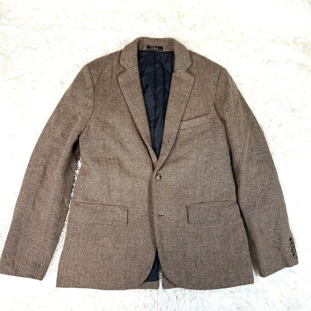 LL Bean Tailored Jacket Herringbone Brown Quilted Brown