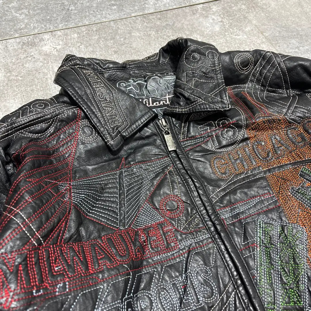 90s 00s Vilanto Design Leather Jacket Genuine Leather Embroidery 4XL