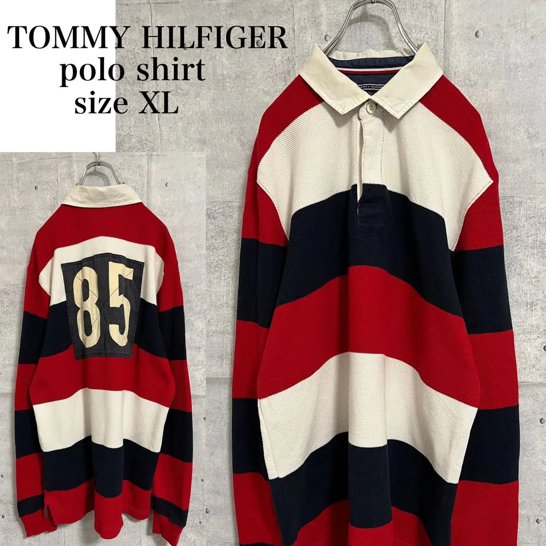 TOMMY HILFIGER Thick striped polo shirt Long sleeve shirt Color red navy white XL