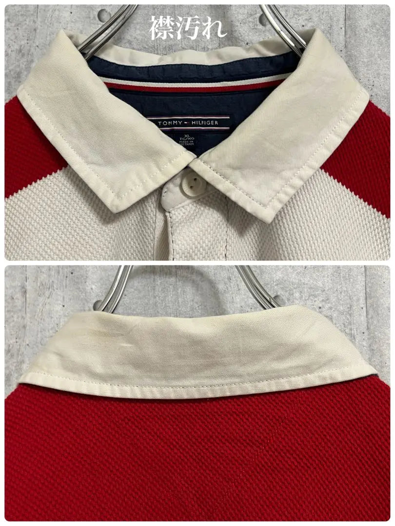 TOMMY HILFIGER Thick striped polo shirt Long sleeve shirt Color red navy white XL