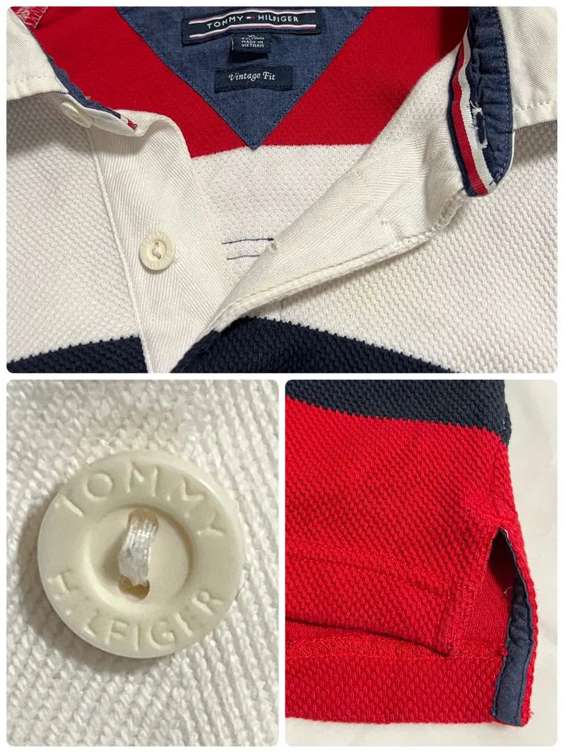 TOMMY HILFIGER Thick striped polo shirt Long sleeve shirt Color red navy white XL