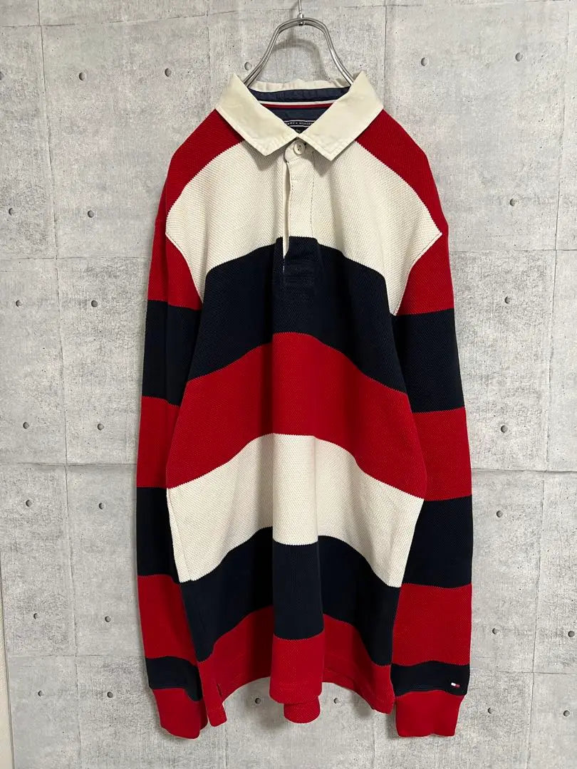 TOMMY HILFIGER Thick striped polo shirt Long sleeve shirt Color red navy white XL