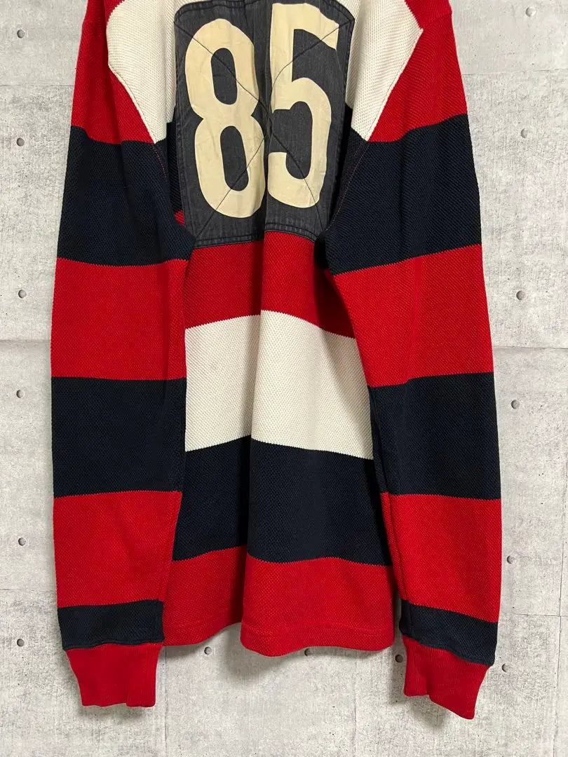 TOMMY HILFIGER Thick striped polo shirt Long sleeve shirt Color red navy white XL