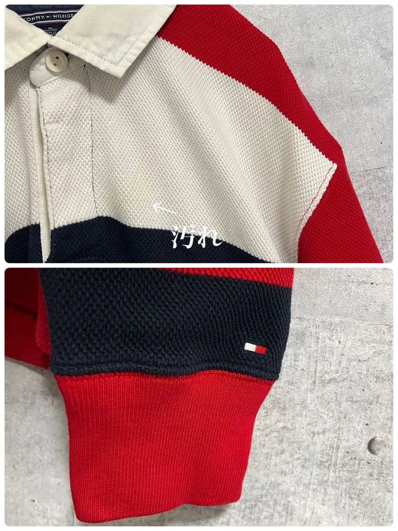 TOMMY HILFIGER Thick striped polo shirt Long sleeve shirt Color red navy white XL