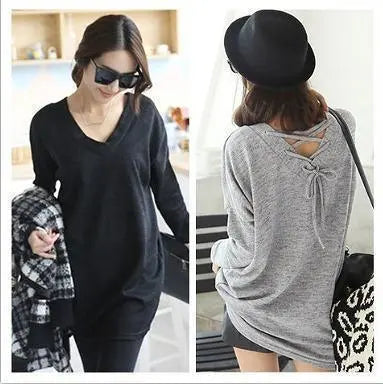 [Last 2 Black] Large size Women's Tops Back Ribbon V-neck Fall/Winter Long Sleeve