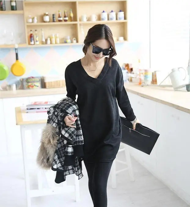 [Last 2 Black] Large size Women's Tops Back Ribbon V-neck Fall/Winter Long Sleeve