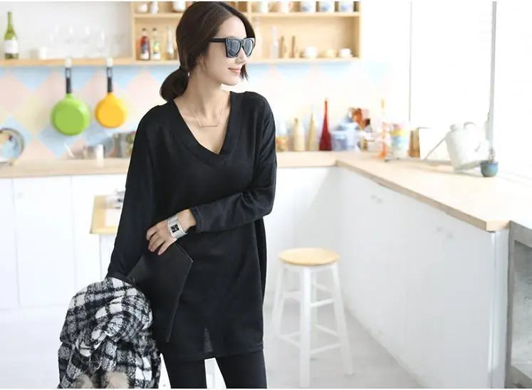 [Last 2 Black] Large size Women's Tops Back Ribbon V-neck Fall/Winter Long Sleeve