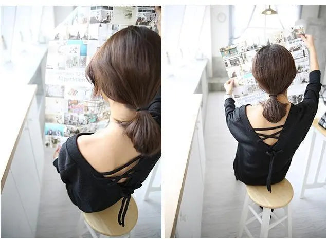 [Last 2 Black] Large size Women's Tops Back Ribbon V-neck Fall/Winter Long Sleeve