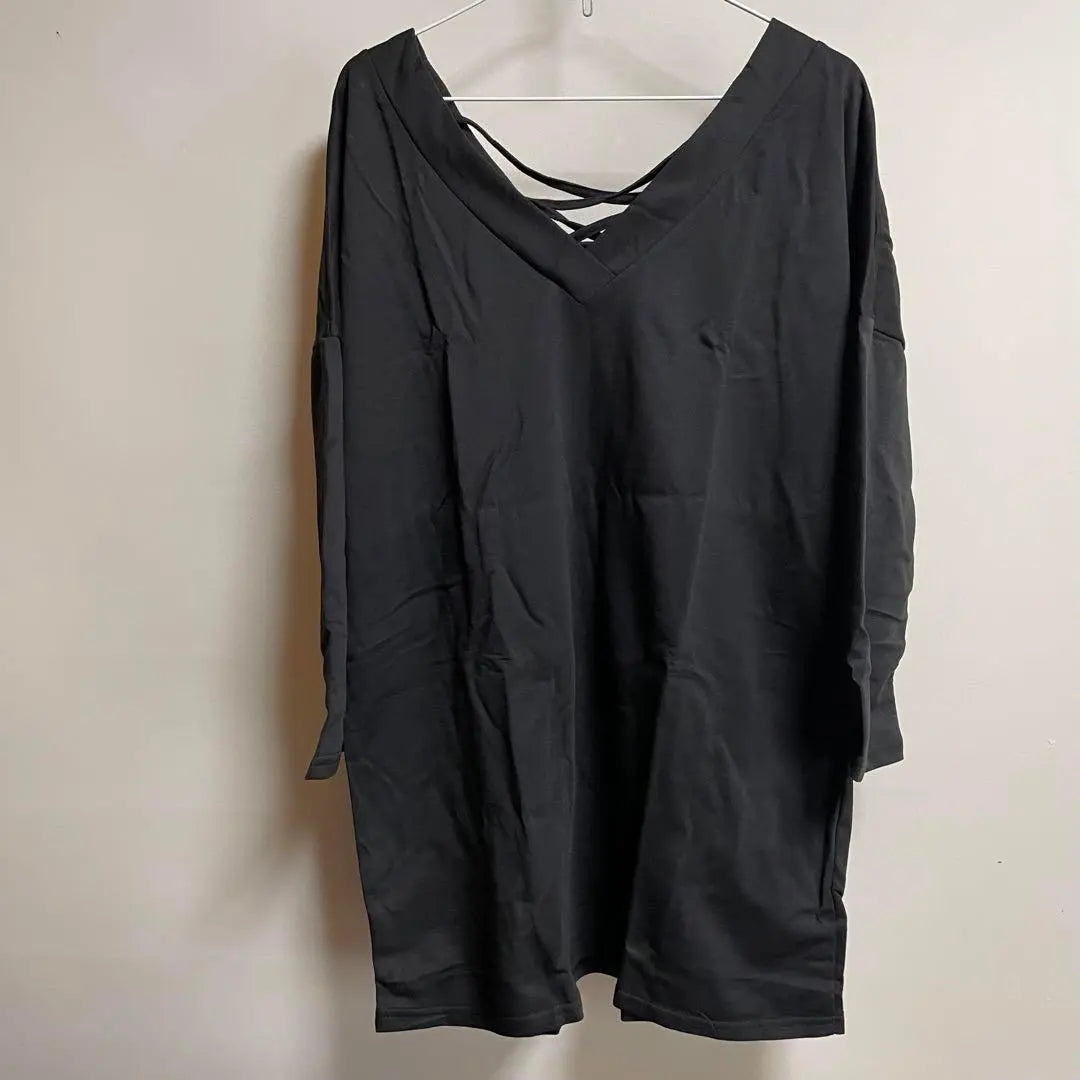 [Last 2 Black] Large size Women's Tops Back Ribbon V-neck Fall/Winter Long Sleeve