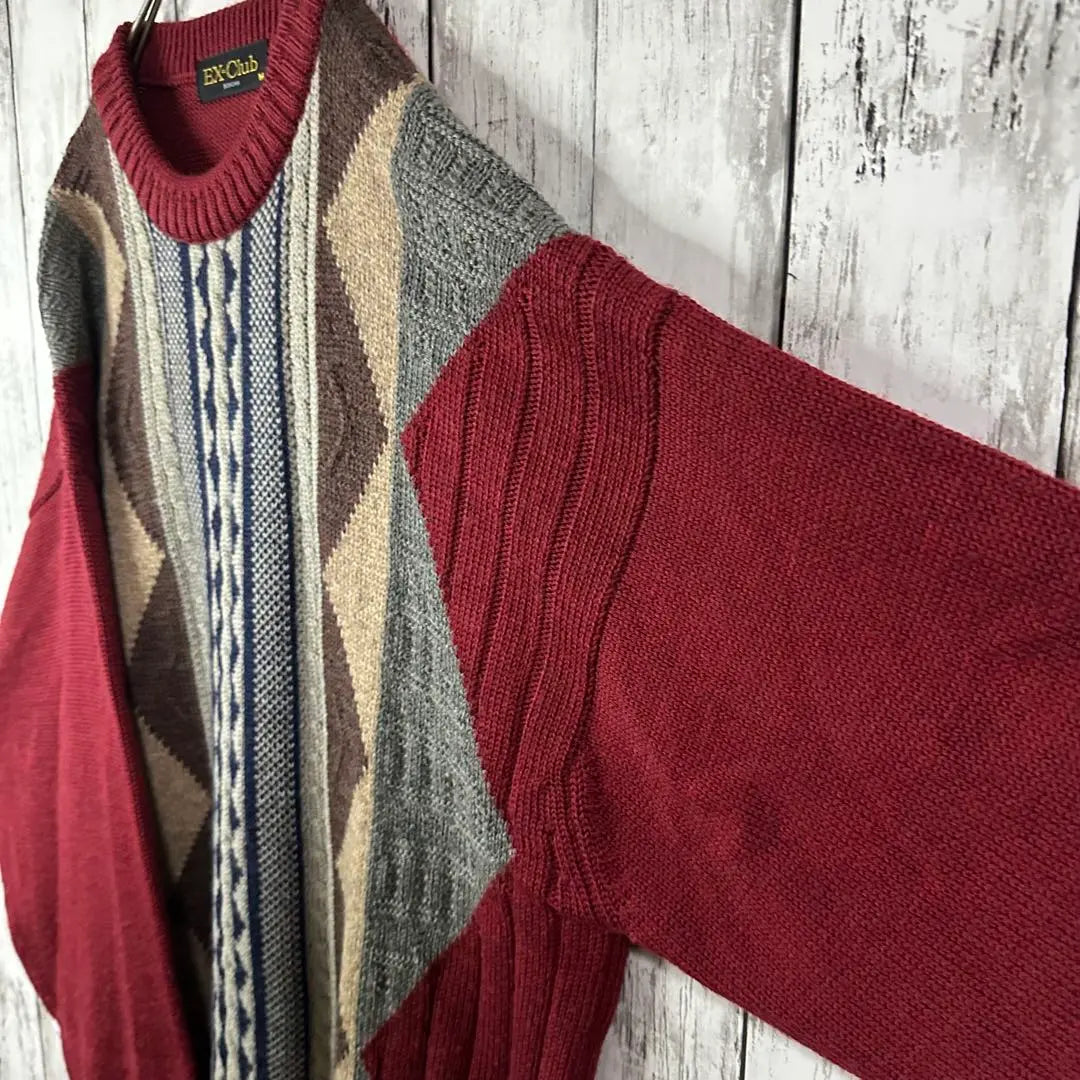 [All-over pattern knit] Sweater ☆ Cable knit ☆ Three-dimensional ☆ Loose dowel M to L ☆ Bordeaux