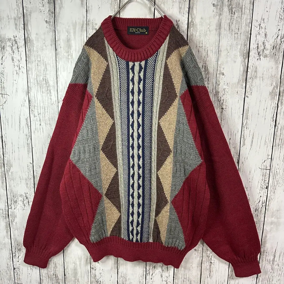 [All-over pattern knit] Sweater ☆ Cable knit ☆ Three-dimensional ☆ Loose dowel M to L ☆ Bordeaux