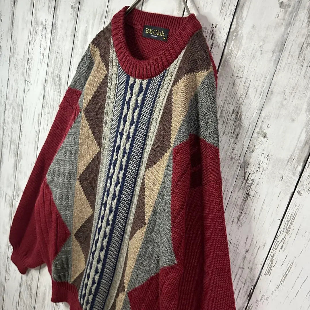 [All-over pattern knit] Sweater ☆ Cable knit ☆ Three-dimensional ☆ Loose dowel M to L ☆ Bordeaux