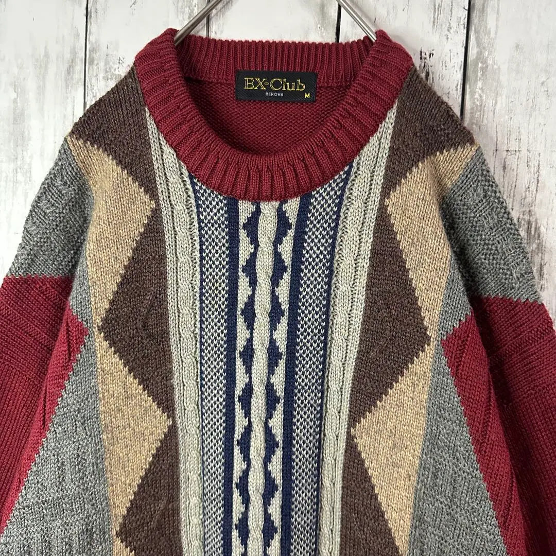 [All-over pattern knit] Sweater ☆ Cable knit ☆ Three-dimensional ☆ Loose dowel M to L ☆ Bordeaux