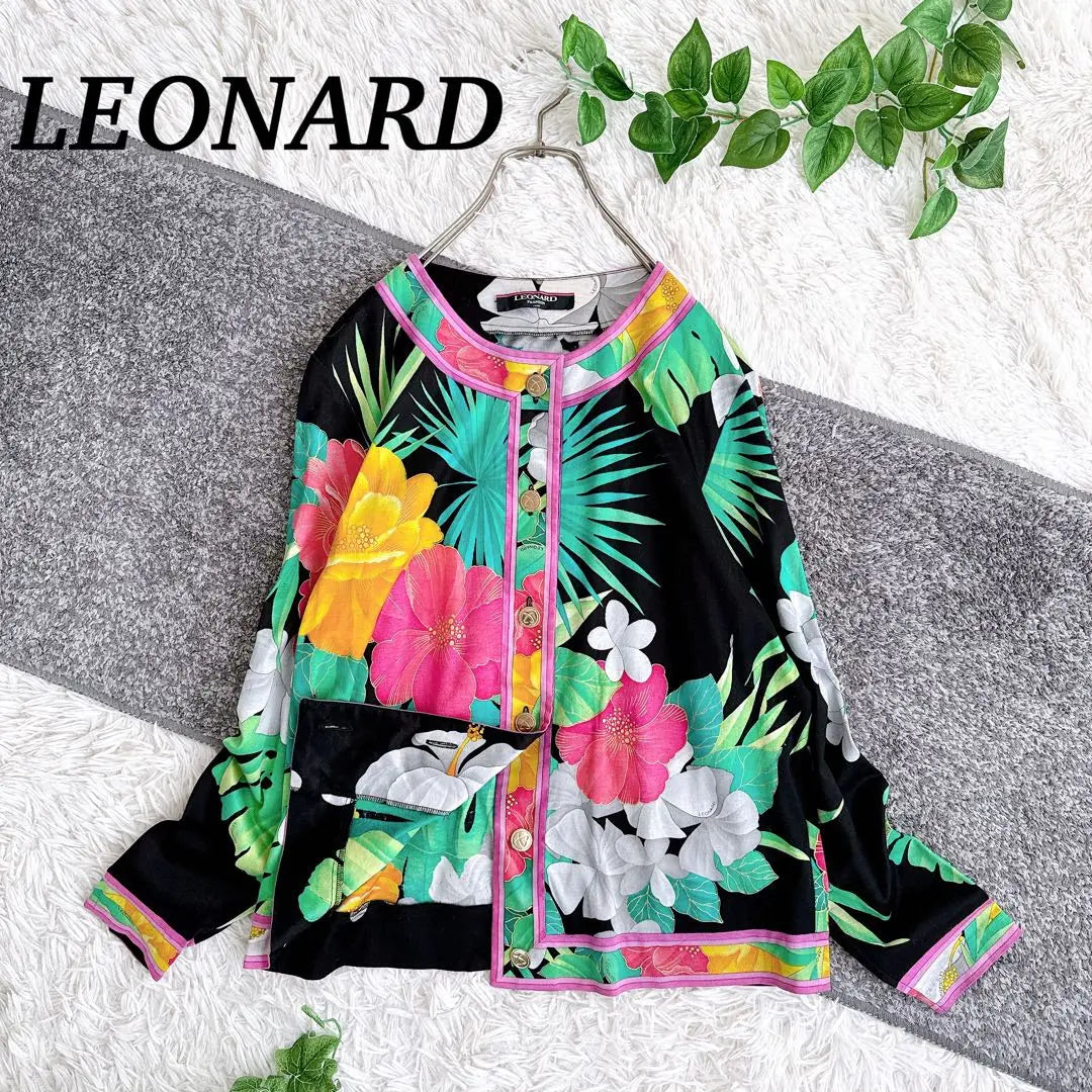 Rinse Leonard Cárdigan Estampado Floral Estampado De Flores Oeen Abierto Negro Talla L | 良品 レオナール カーディガン 花柄 フラワー柄 前開き 金ボタン 黒 Lサイズ