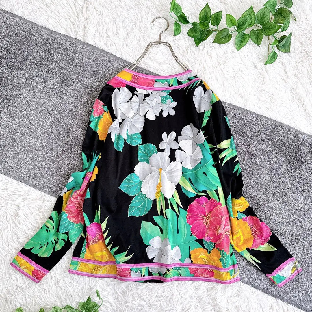 Rinse Leonard Cárdigan Estampado Floral Estampado De Flores Oeen Abierto Negro Talla L | 良品 レオナール カーディガン 花柄 フラワー柄 前開き 金ボタン 黒 Lサイズ