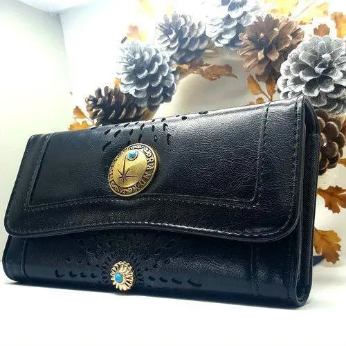 c44○Handmade DIY Gold Turquoise Craft Leather Long Wallet Black 08C