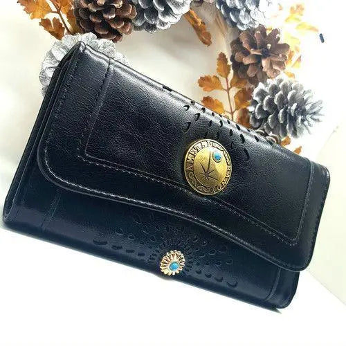 c44○Handmade DIY Gold Turquoise Craft Leather Long Wallet Black 08C