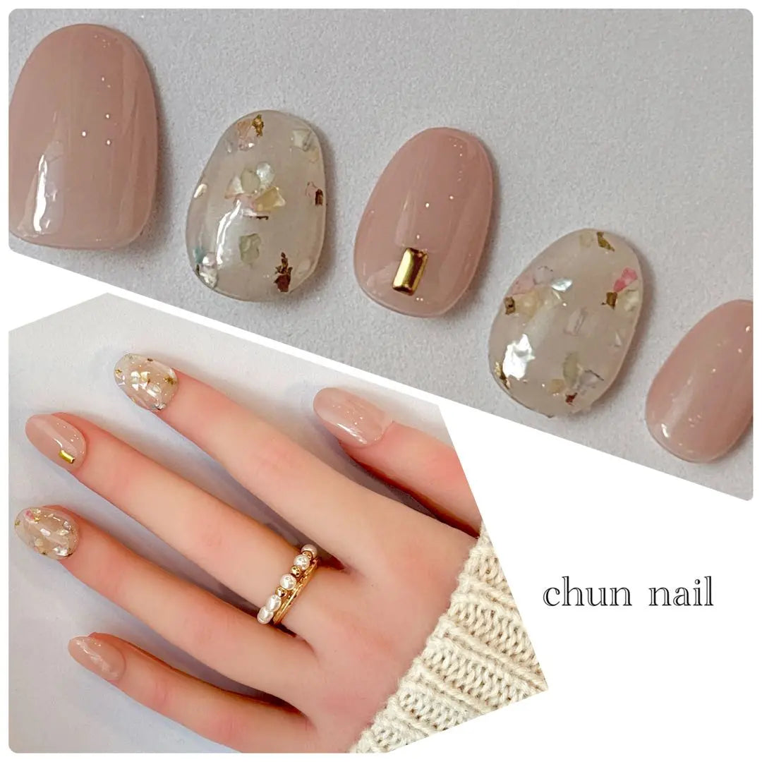 [Clothing image available] Beige, clear, flower design, nail tip, sparkling, pink