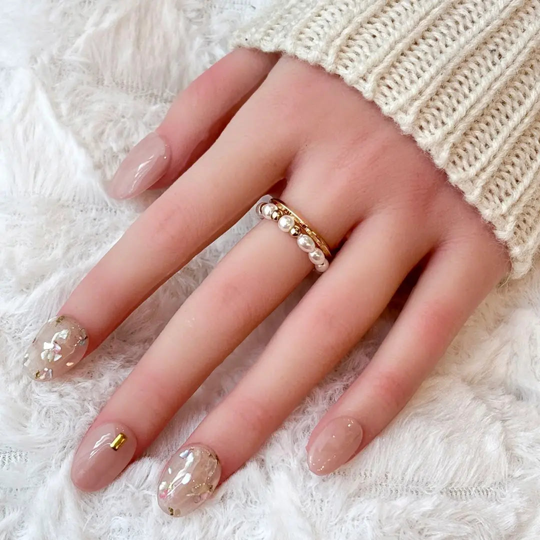 [Clothing image available] Beige, clear, flower design, nail tip, sparkling, pink