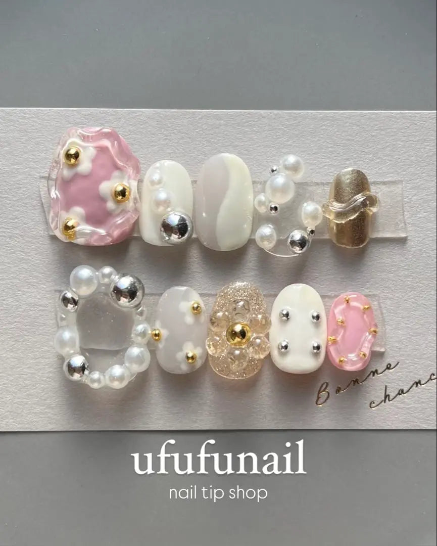 [48] Nail tips, spring, pearls, flowers, waggling, plump, clear, gold, silver