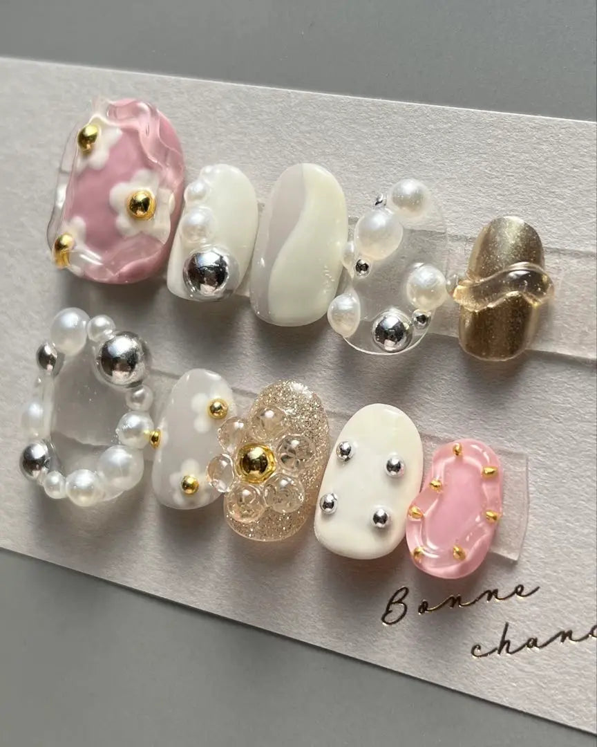 [48] Nail tips, spring, pearls, flowers, waggling, plump, clear, gold, silver