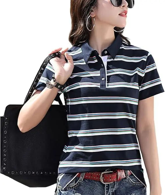 [Actowa] Polo Border de manga corta para mujer, azul marino, talla 2XL