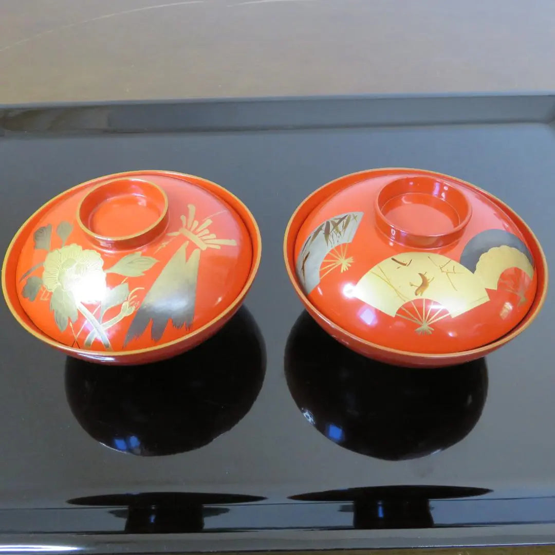 Painted Lid Bowl Wooden Lacquerware Two-piece Different Patterns With Brand Fan Peony Meiji