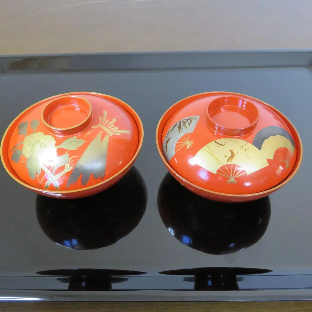 Painted Lid Bowl Wooden Lacquerware Two-piece Different Patterns With Brand Fan Peony Meiji