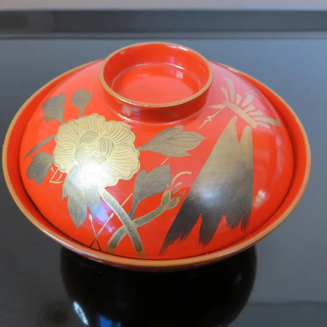 Painted Lid Bowl Wooden Lacquerware Two-piece Different Patterns With Brand Fan Peony Meiji