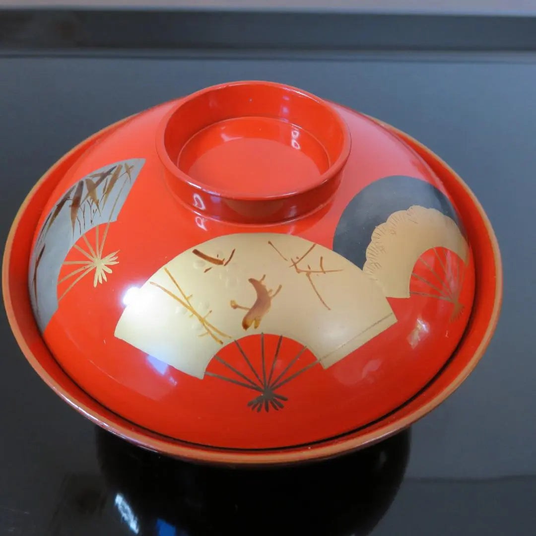 Painted Lid Bowl Wooden Lacquerware Two-piece Different Patterns With Brand Fan Peony Meiji