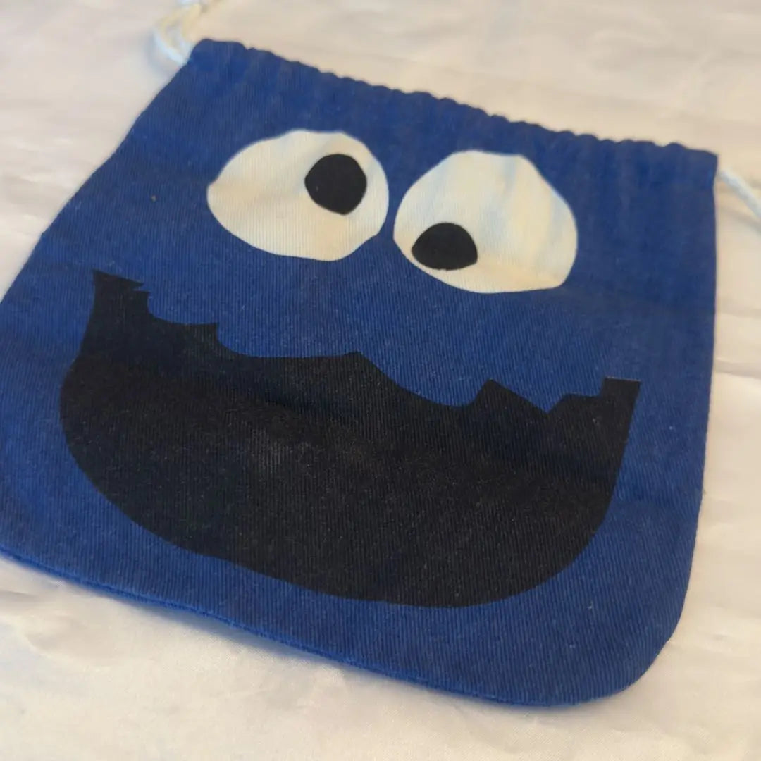 Cookie Monster Face Drawstring Sesame Street Blue Pouch Vintage