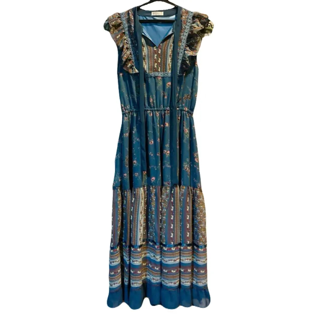 {ejes mujer}<long dress> Azul | Patrón floral | Sin mangas (M) | 《 axes femme 》〈ロングワンピース〉ブルー｜花柄｜ノースリーブ（M）</long>