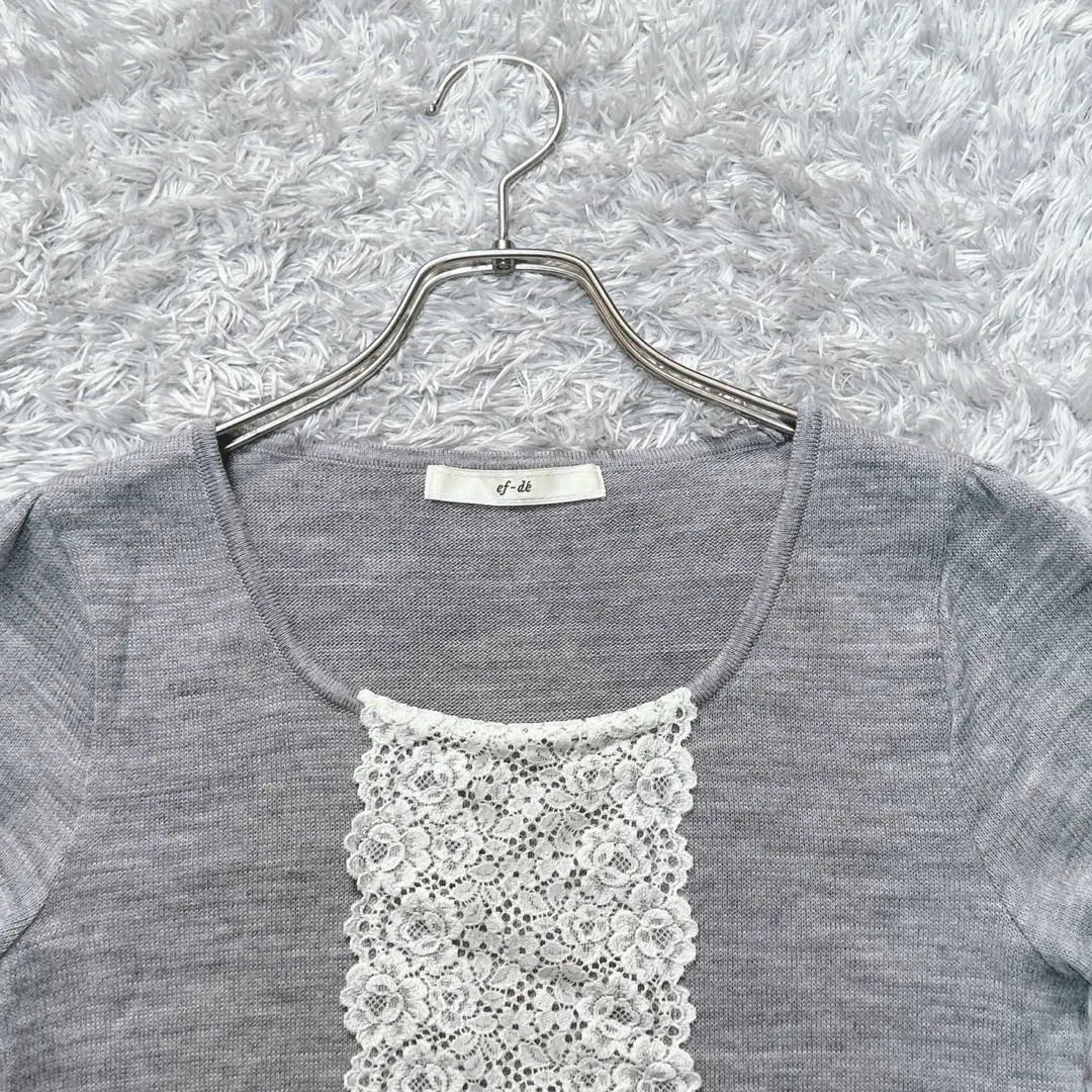 ef-de short-sleeved knit floral lace summer knit U-neck (9) gray Angora | ef-de 半袖ニット 花柄レース サマーニット Uネック(9)グレー アンゴラ