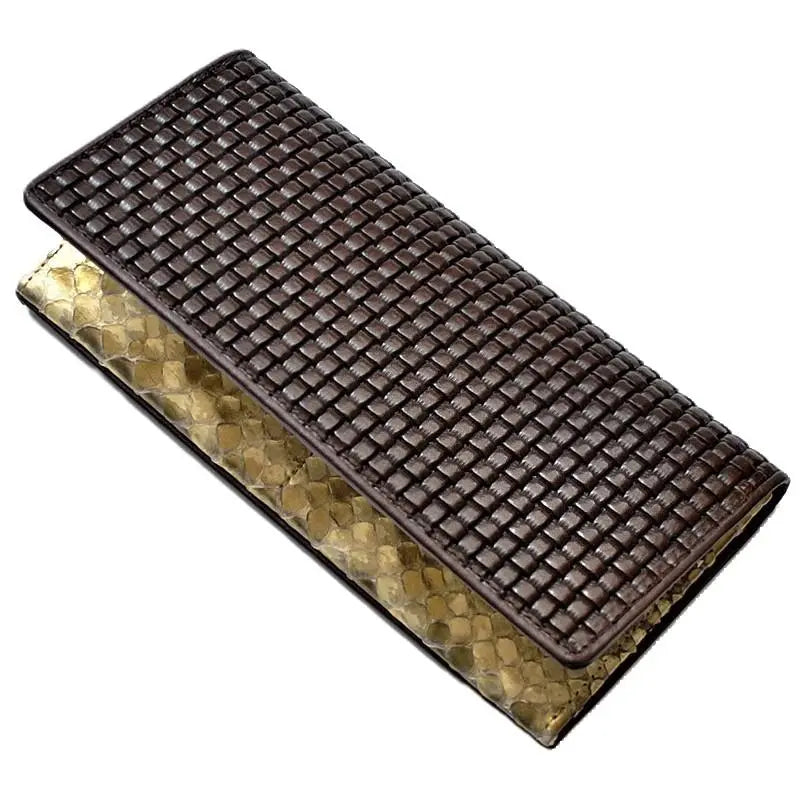 ■New, shipping included■Cowhide block mesh, thin gold genuine python leather, long wallet, brown