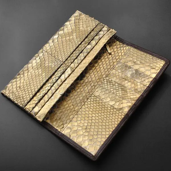 ■New, shipping included■Cowhide block mesh, thin gold genuine python leather, long wallet, brown