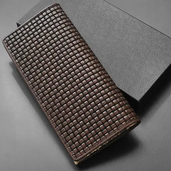 ■New, shipping included■Cowhide block mesh, thin gold genuine python leather, long wallet, brown