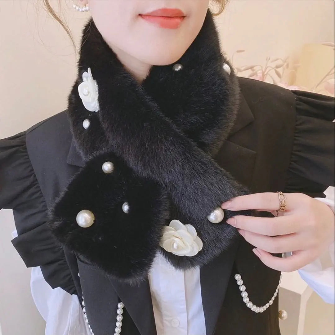 [New] Fan muffler Black Party Winter Pearl Pearl Flower