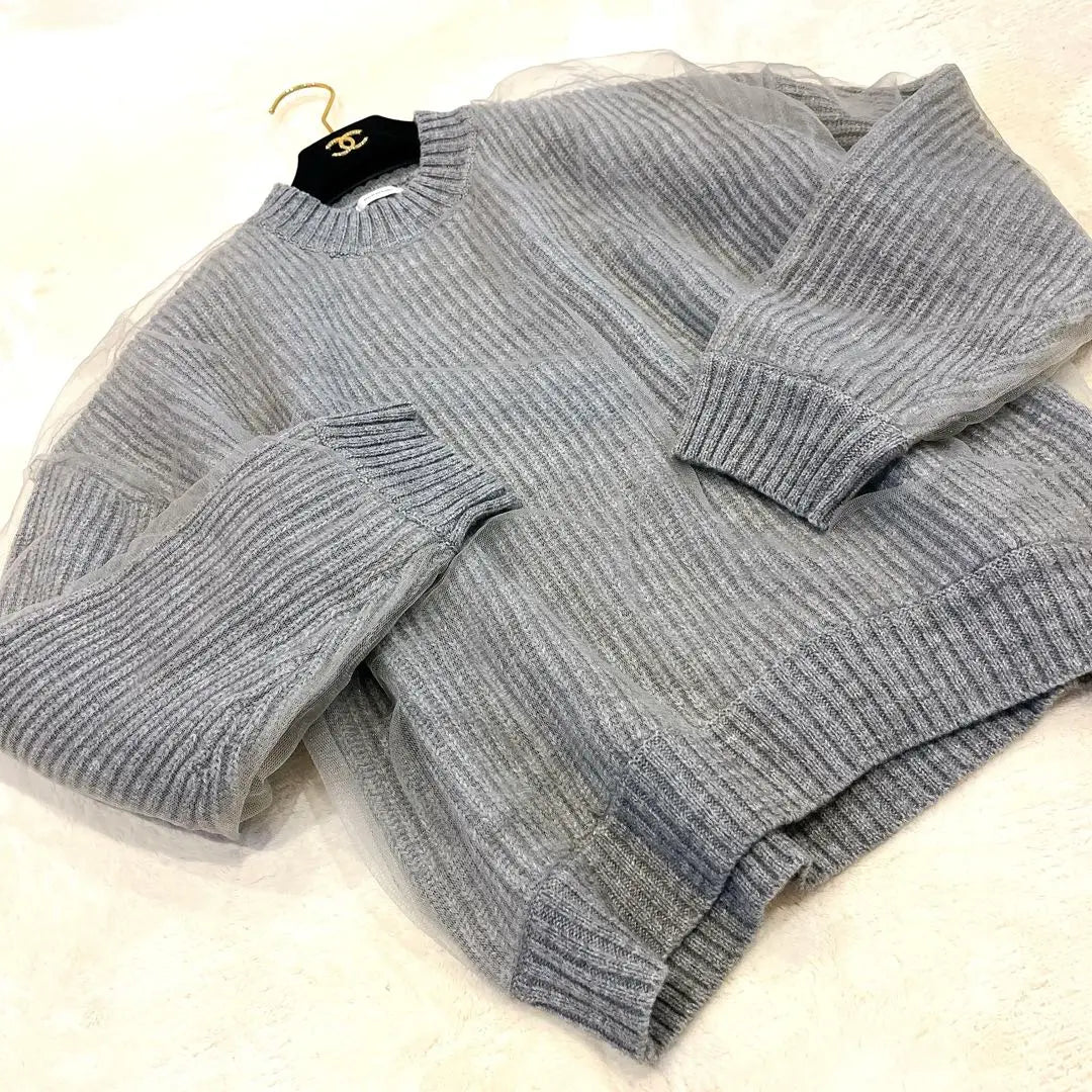 [Like new] REKISAMI Tulle layered knit pullover gray | 【新品同様】REKISAMI レキサミ　チュール重ねニットプルオーバー　グレー